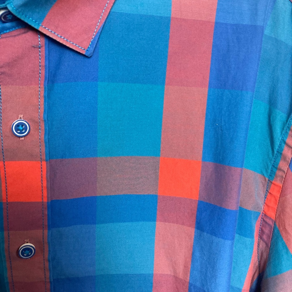 Bugatchi blue/red/green plaid shaped fit long sleeve button up. Large - Picture 3 of 6